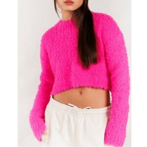 Crush Cashmere Colorush Hot Pink Teddie Fozzie Crew Cropped Sweater 1 Small NWT
